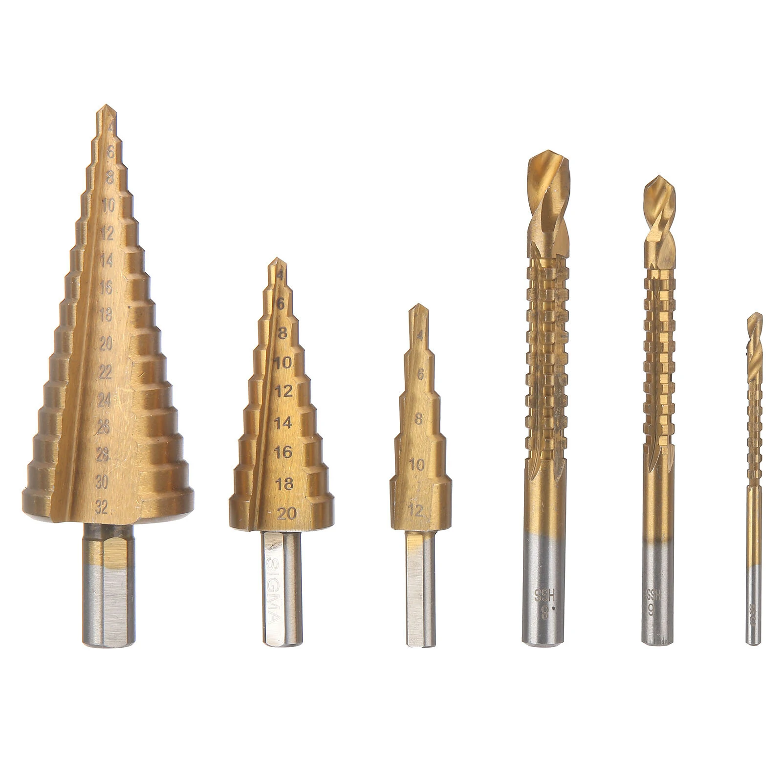 6PCs HSS Step Drill Bit Sets Straight Titanium Coated Cone Hole Cutter Automatic Center Punch Spiral Twist Saw Drill Bit — view 2