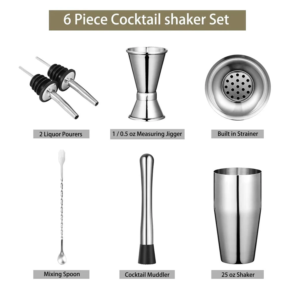 6PCS Stainless Steel Cocktail Shaker Set Professional Martini Drink Mixer Tool Set for Home Bar Party — view 11