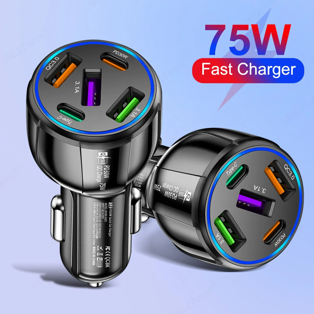 75W 5-Port USB PD Car Charger Adapter 3USB-A+2USB-C PD QC3.0 Fast Charging for iPhone 15 15 Plus 15Pro 15Pro Max for Huawei Mate60 Pro for Samsung Galaxy Z Flip4 for Xiaomi 13pro — view 3