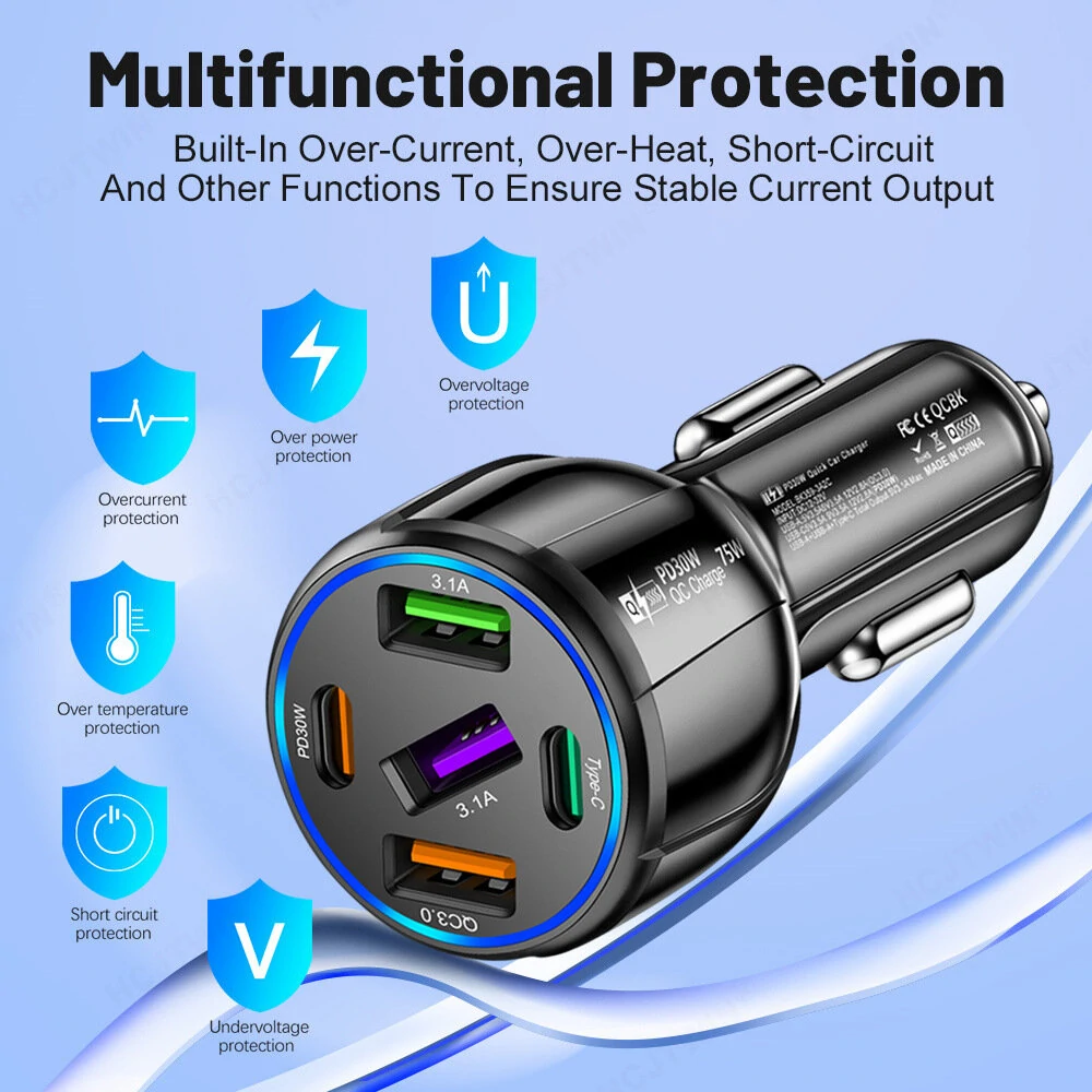 75W 5-Port USB PD Car Charger Adapter 3USB-A+2USB-C PD QC3.0 Fast Charging for iPhone 15 15 Plus 15Pro 15Pro Max for Huawei Mate60 Pro for Samsung Galaxy Z Flip4 for Xiaomi 13pro — view 4