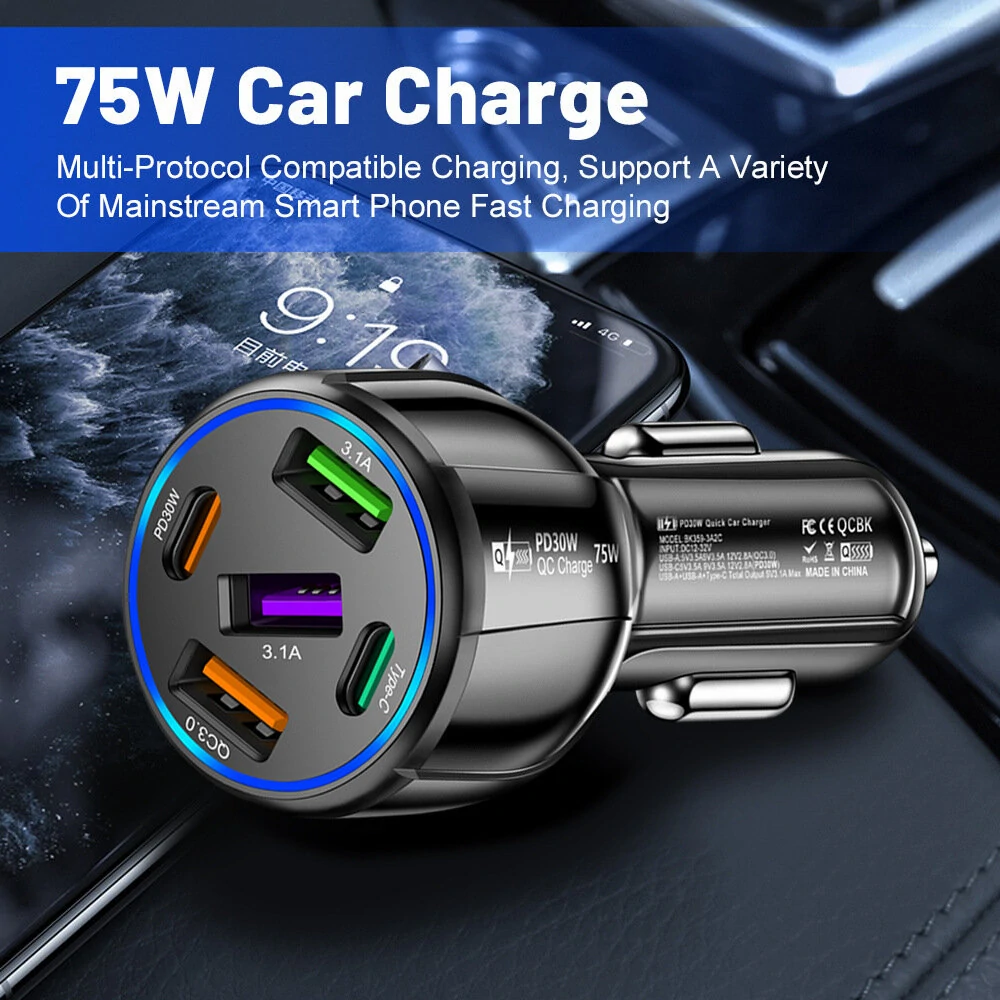 75W 5-Port USB PD Car Charger Adapter 3USB-A+2USB-C PD QC3.0 Fast Charging for iPhone 15 15 Plus 15Pro 15Pro Max for Huawei Mate60 Pro for Samsung Galaxy Z Flip4 for Xiaomi 13pro — view 5