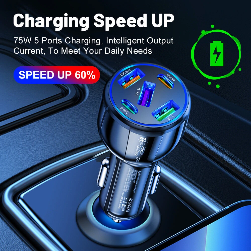 75W 5-Port USB PD Car Charger Adapter 3USB-A+2USB-C PD QC3.0 Fast Charging for iPhone 15 15 Plus 15Pro 15Pro Max for Huawei Mate60 Pro for Samsung Galaxy Z Flip4 for Xiaomi 13pro — view 6
