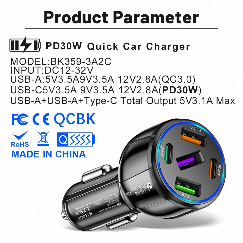75W 5-Port USB PD Car Charger Adapter 3USB-A+2USB-C PD QC3.0 Fast Charging for iPhone 15 15 Plus 15Pro 15Pro Max for Huawei Mate60 Pro for Samsung Galaxy Z Flip4 for Xiaomi 13pro — view 8