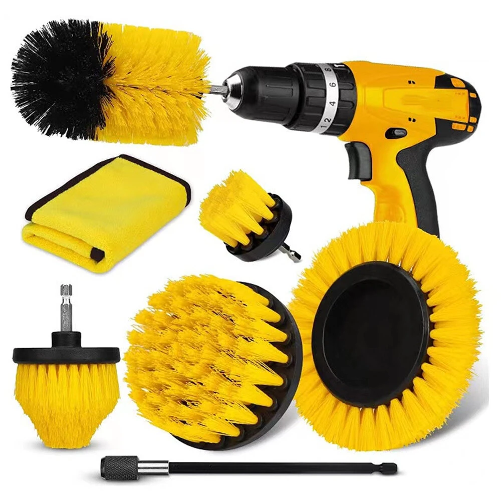 7PCS Set of Drill Brush Cleaning Set Multiple Sizes Nylon Bristles Attachments Extension Rod Compatible with All Most Electric Drill Multi Surface Cleaning Bathroom Kitchen Car Garden — view 3