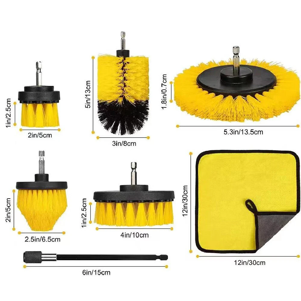 7PCS Set of Drill Brush Cleaning Set Multiple Sizes Nylon Bristles Attachments Extension Rod Compatible with All Most Electric Drill Multi Surface Cleaning Bathroom Kitchen Car Garden — view 5