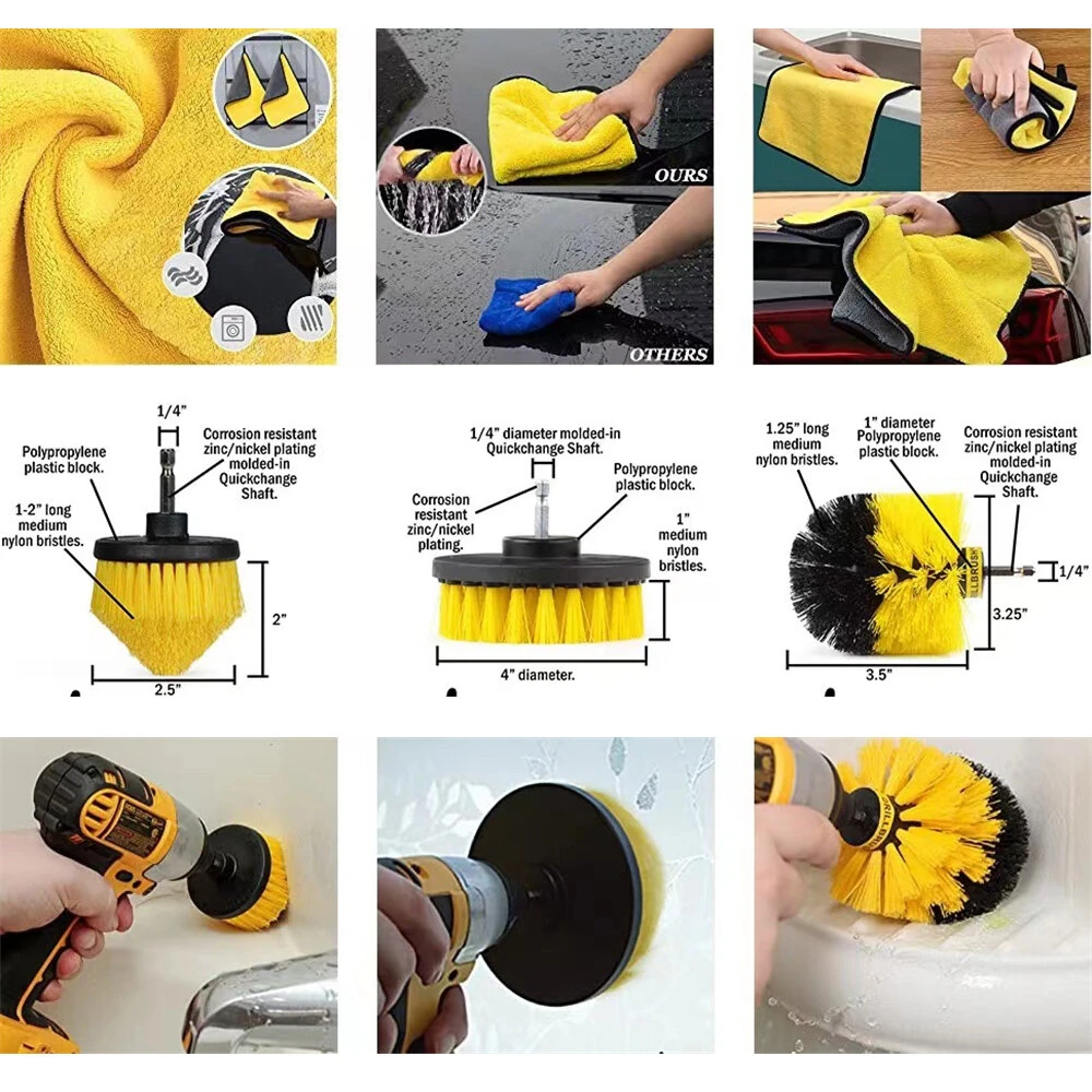 7PCS Set of Drill Brush Cleaning Set Multiple Sizes Nylon Bristles Attachments Extension Rod Compatible with All Most Electric Drill Multi Surface Cleaning Bathroom Kitchen Car Garden — view 6