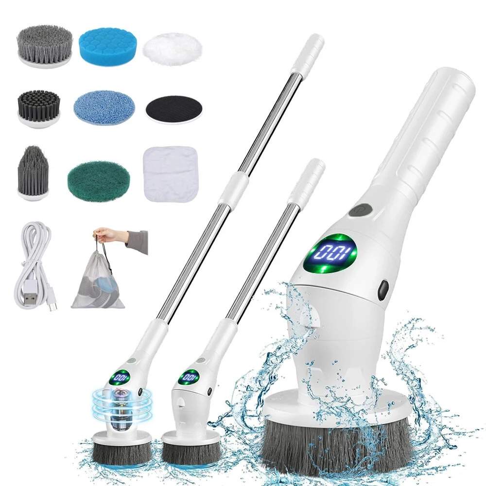 8 in 1 Multifunctional Wireless Cleaning Brush 2500mAh Type-C USB Rechargeable 450RPM Adjustable Lengths LED Night Light for Bathroom Kitchen Windows Car