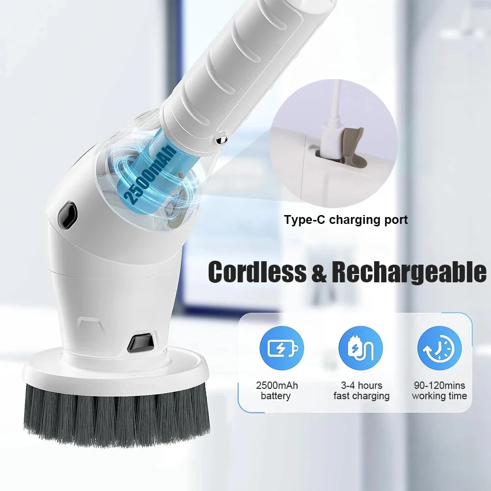 8 in 1 Multifunctional Wireless Cleaning Brush 2500mAh Type-C USB Rechargeable 450RPM Adjustable Lengths LED Night Light for Bathroom Kitchen Windows Car — view 9
