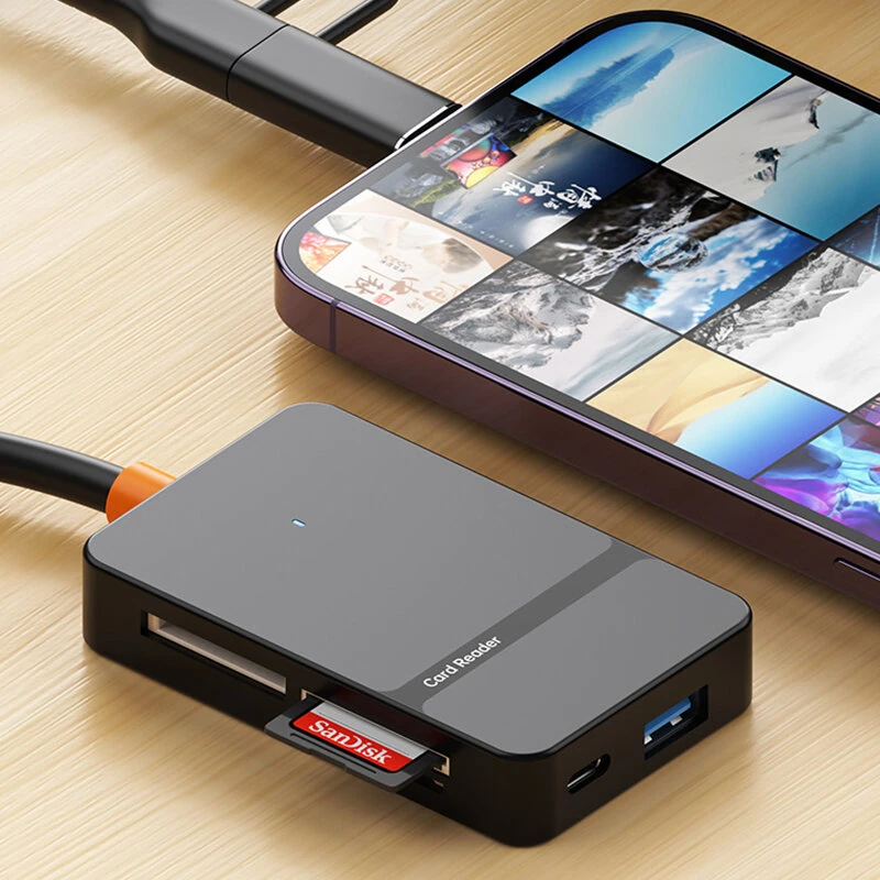 8-in-1 USB3.0 Card Reader with Type-C/Lightnig Interface Micro SD TF CF MS Memory Card Adapter 5Gbps High Speed Support OTG for Laptop PC — view 3