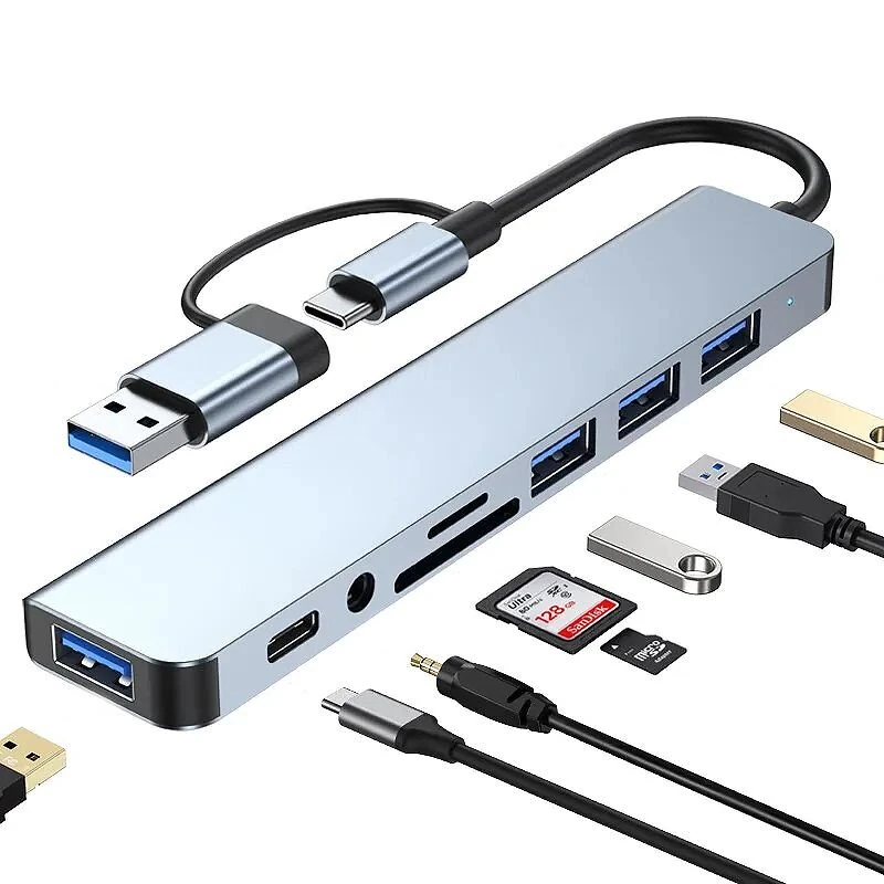 8-in-2 USB-C/USB3.0 Docking Station USB Adapter with USB3.0 USB2.0*3 USB-C Data SD/TF Card Reader Slot 3.5mm Audio Multiports USB Hubs for PC Laptop Computer — Pricio