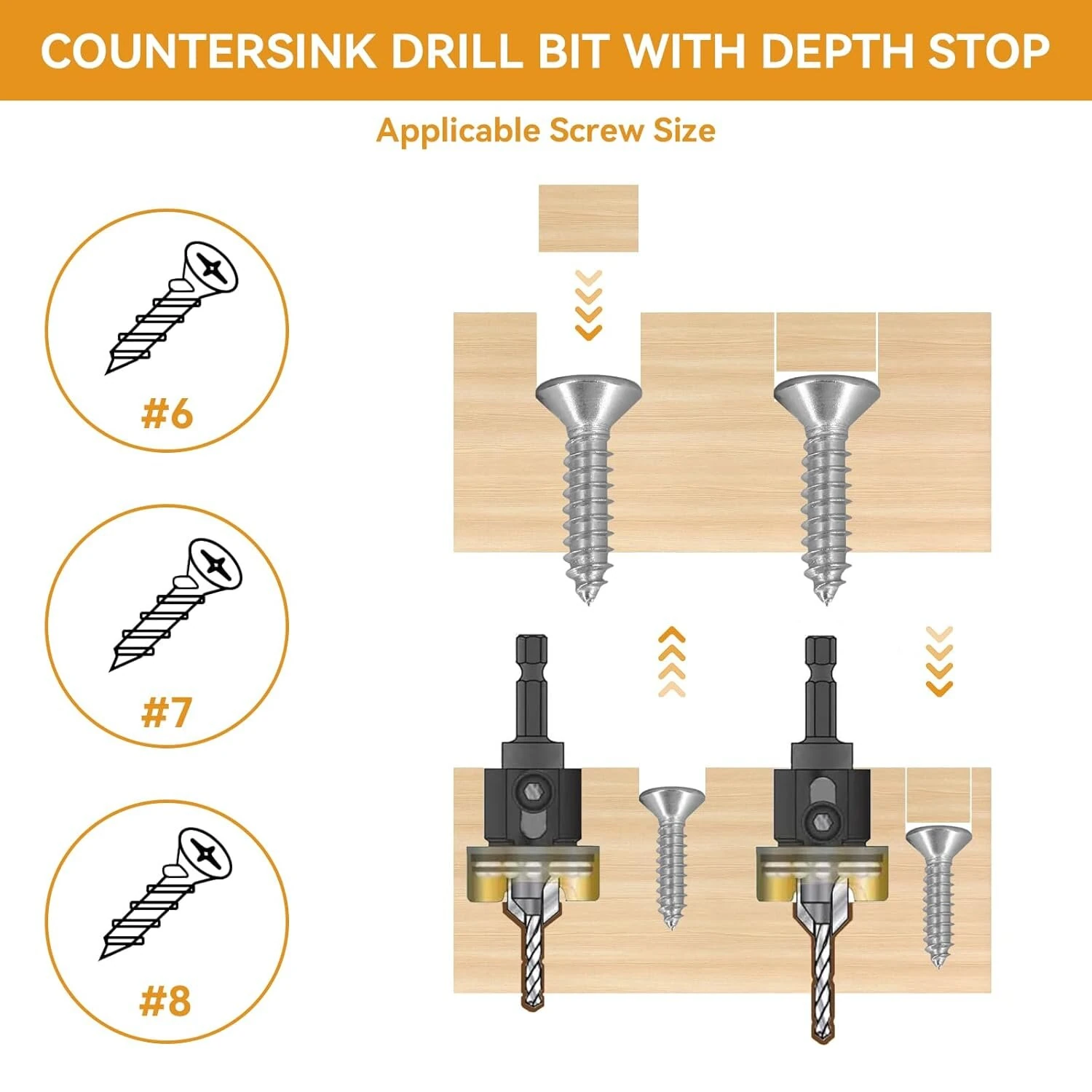 82 Degree Woodworking Countersink Drill Bits Carbide Tipped with Adjustable Depth Stop No Thrust Ball Bearing — view 6