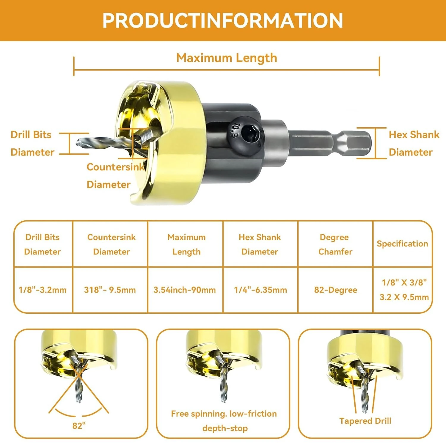 82 Degree Woodworking Countersink Drill Bits Carbide Tipped with Adjustable Depth Stop No Thrust Ball Bearing — view 7