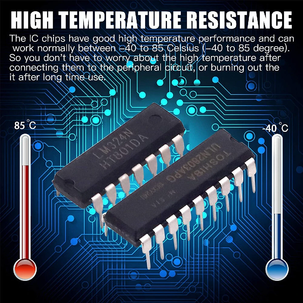 85pcs 10 Types Integrated Circuit Chip IC Chips Assortment Kit OPAMP Single Precision Timer PWM Including LM324 LM358 LM386 LM393 UA741 NE5532 NE555 PC817 ULN2003 ULN2803 — view 6