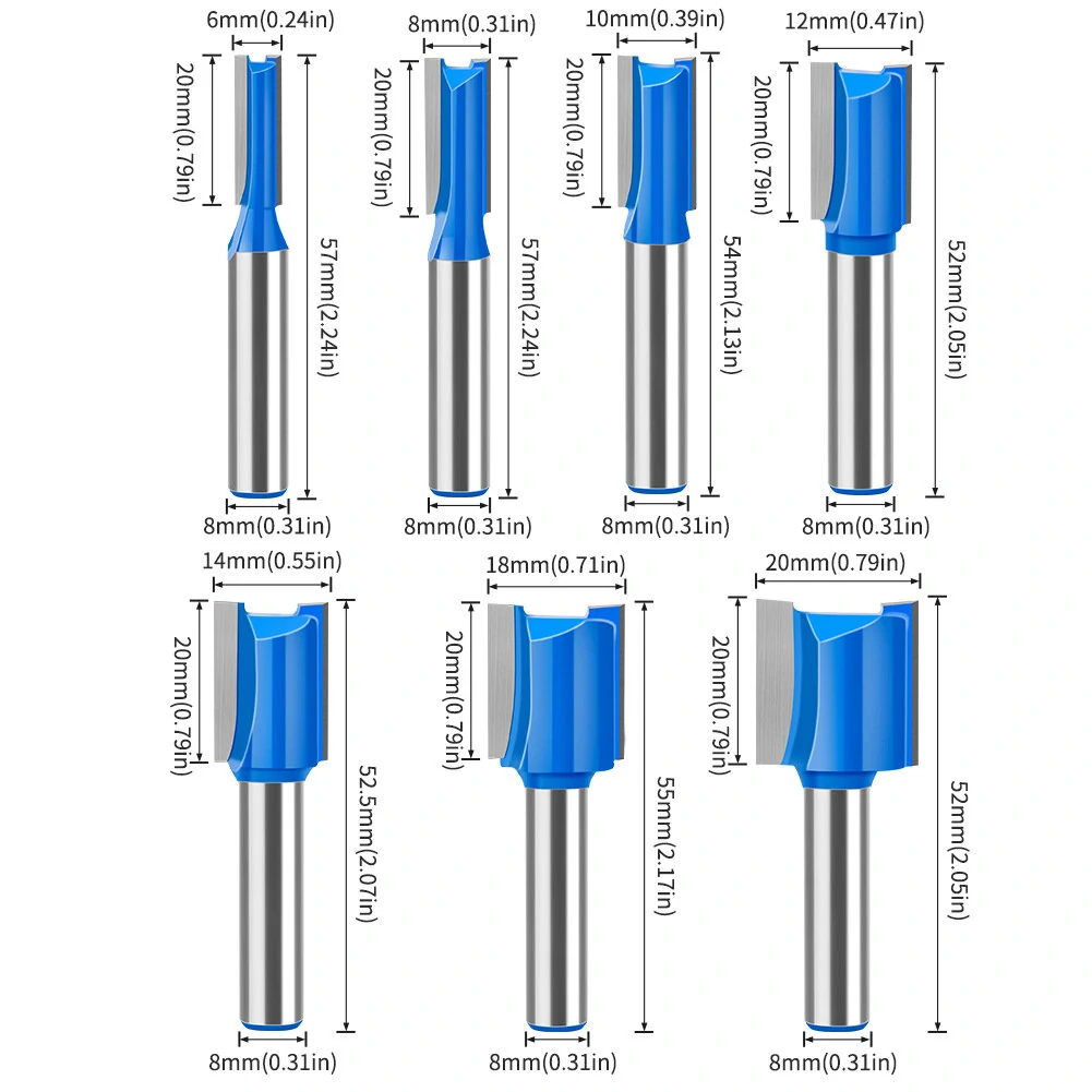 8mm Shank Straight Router Bit 20mm Cutting Length 6/8/10/12/14/18/20mm Cutting Diameter Carbide Tipped Double Flute Straight Cut Router Bits — view 3