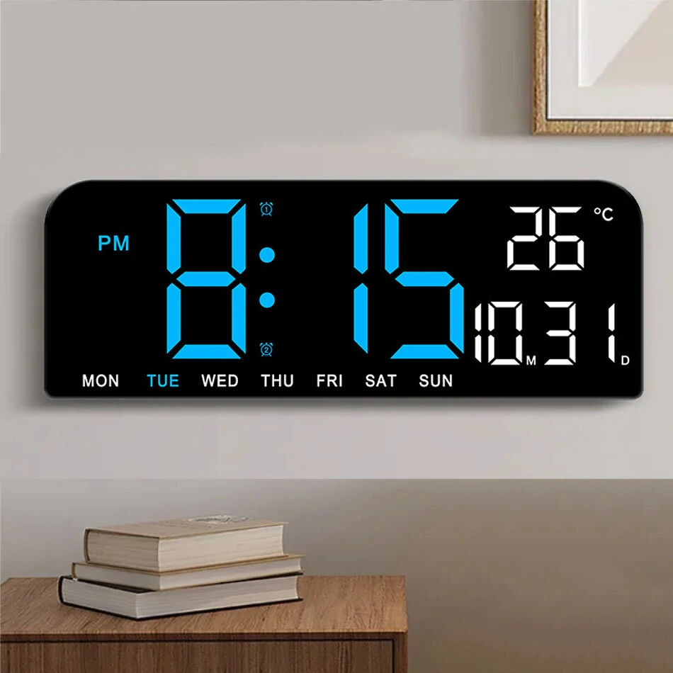 9 Inch Large Digital Wall Clock Temperature Date Week Timing Countdown Light-sensing Table Clock 2 Alarm 12/24H LED Alarm Clock — view 3
