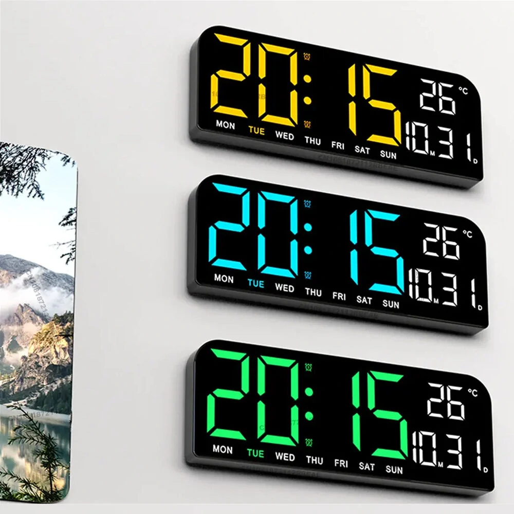 9 Inch Large Digital Wall Clock Temperature Date Week Timing Countdown Light-sensing Table Clock 2 Alarm 12/24H LED Alarm Clock — view 4
