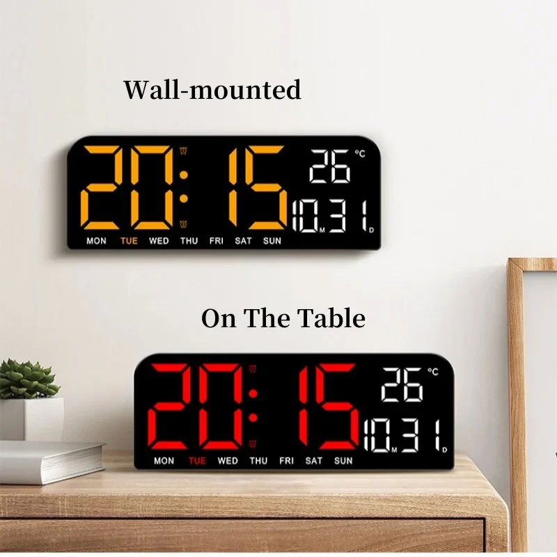 9 Inch Large Digital Wall Clock Temperature Date Week Timing Countdown Light-sensing Table Clock 2 Alarm 12/24H LED Alarm Clock — view 8