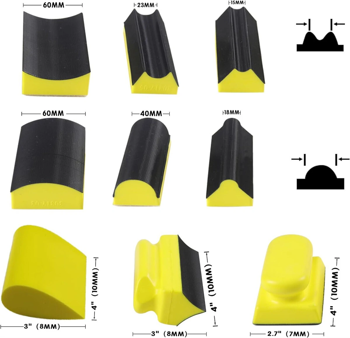 9PCS Hand Sanding Blocks Set Versatile Contoured Profile Yellow Medium-Density Polyurethane Foam Convex and Concave Shapes Hook Loop Attachment for Auto Body Wood Furniture Sanding — view 10