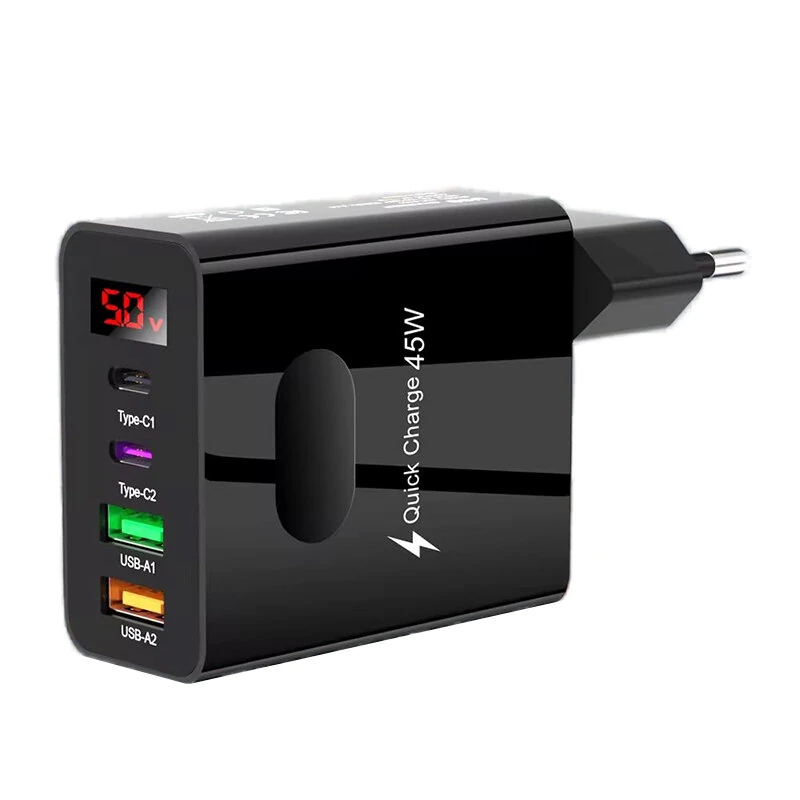 ADC-F004 45W 4-Port USB PD Charger 2USB-A+2Type-C PD QC3.0 Fast Charging Digital Display Wall Charger Adapter EU Plug US Plug for Huawei Pura 70 Ultra for Xiaomi Civi 4 Pro for Samsung Galaxy Z Flip6 for Oppo Reno 12 — view 2