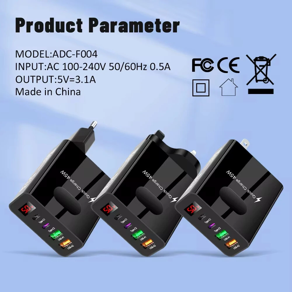 ADC-F004 45W 4-Port USB PD Charger 2USB-A+2Type-C PD QC3.0 Fast Charging Digital Display Wall Charger Adapter EU Plug US Plug for Huawei Pura 70 Ultra for Xiaomi Civi 4 Pro for Samsung Galaxy Z Flip6 for Oppo Reno 12 — view 7