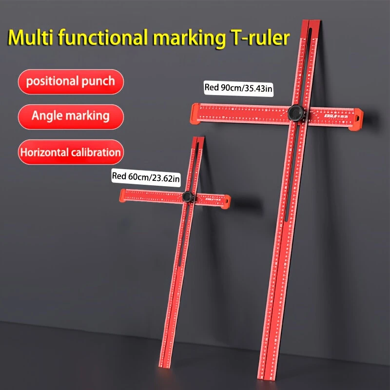 Adjustable T Shape Angle Ruler Aluminum Alloy Multi Angle Measuring Tool 90° 45° Precision Marking Ruler Woodworking Line Drawing Tool 60cm 90cm Metric Scale — view 3