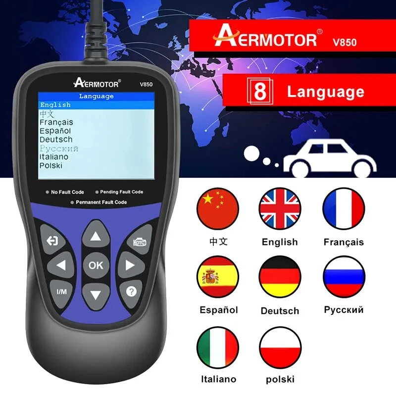 Aermotor V850 Car OBD2 Scanner Multi-languages Check Engine Auto Diagnostic Tool Same as KW85/ELM327 Full OBD 2 Function — image 1