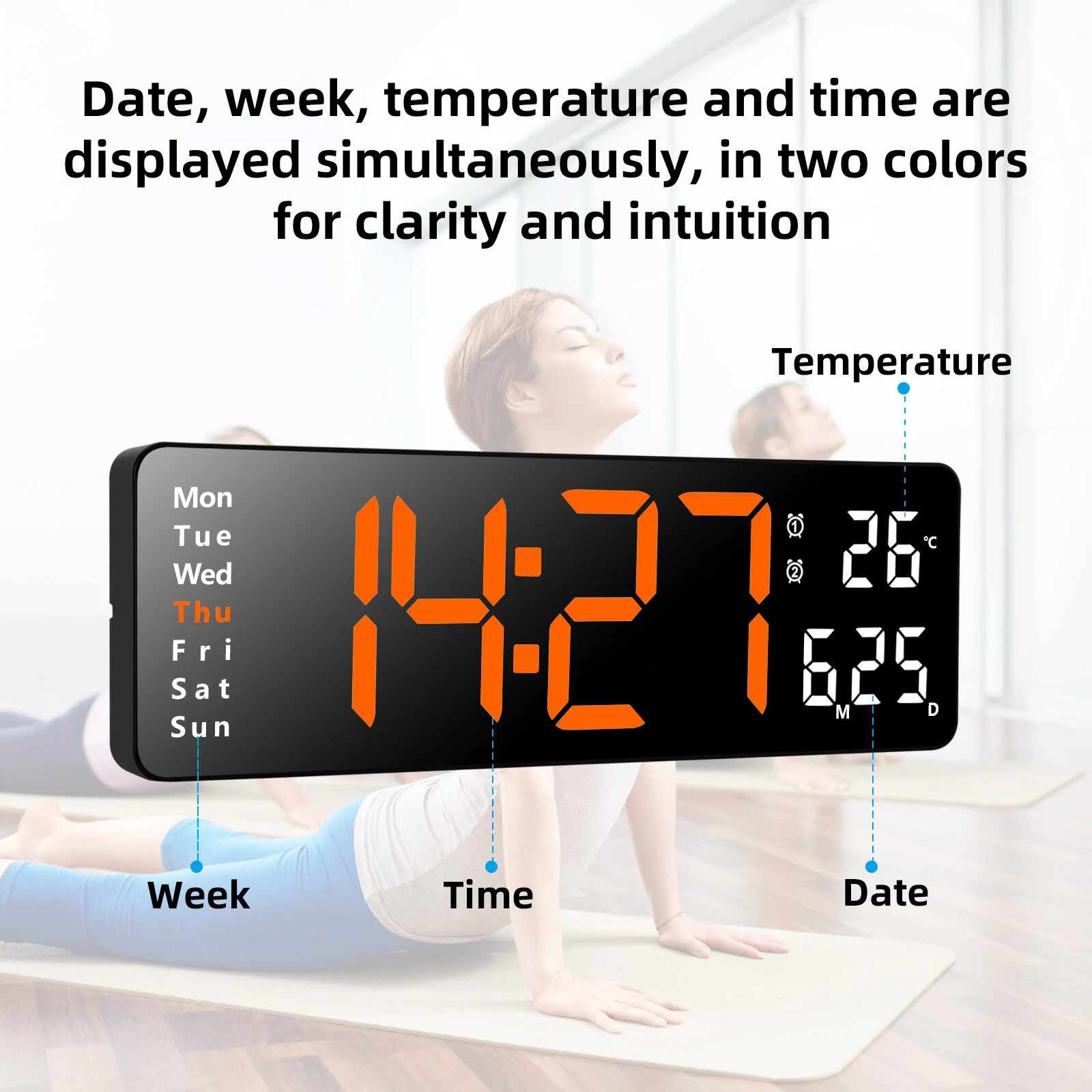AGSIVO 13 Inch Digital Wall Clock Large LED Display with Remote Control / Automatic Brightness / Indoor Temperature / Date / Week / 12/24H For Home Office Classroom — view 3