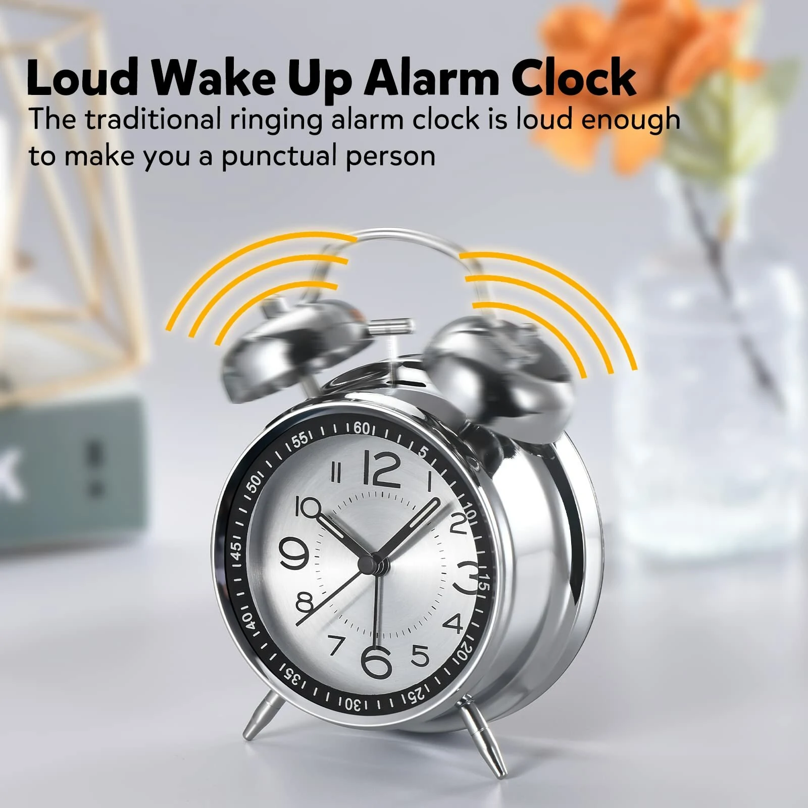 AGSIVO 4 Inch Loud Alarm Clock Twin Bell Analog for Heavy Sleepers Silent Non-Ticking Quartz with Backlight — view 3