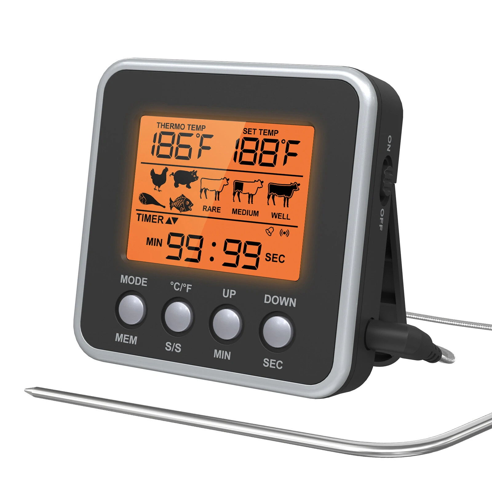 AGSIVO Digital Food Oven Meat Thermometer With Probe Timer Alert Backlight Outdoor Grill Cook Barbecue Kitchen Cooking BBQ Thermometer — view 2