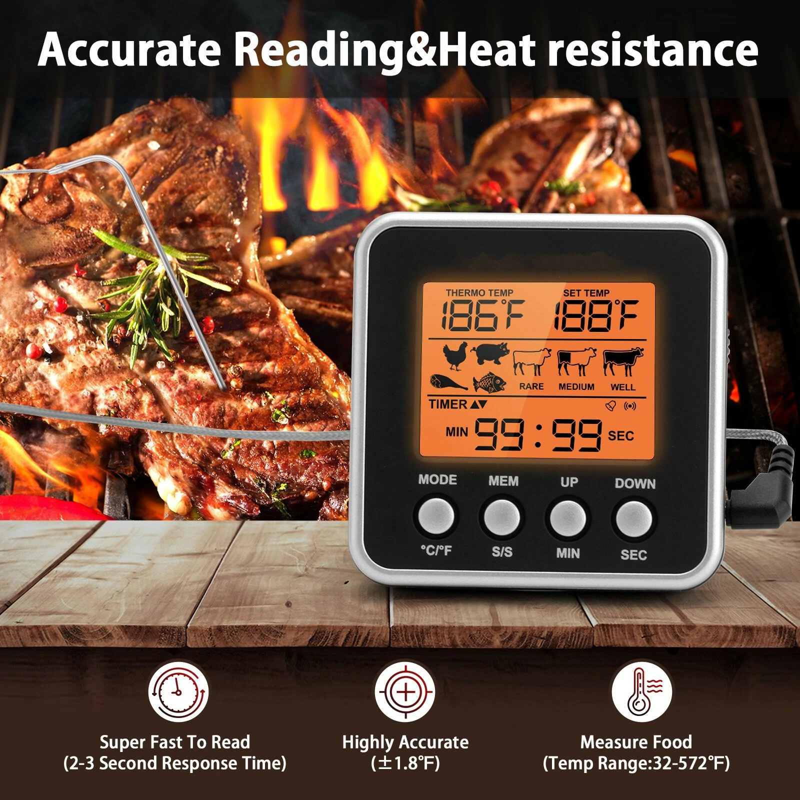 AGSIVO Digital Food Oven Meat Thermometer With Probe Timer Alert Backlight Outdoor Grill Cook Barbecue Kitchen Cooking BBQ Thermometer — view 4