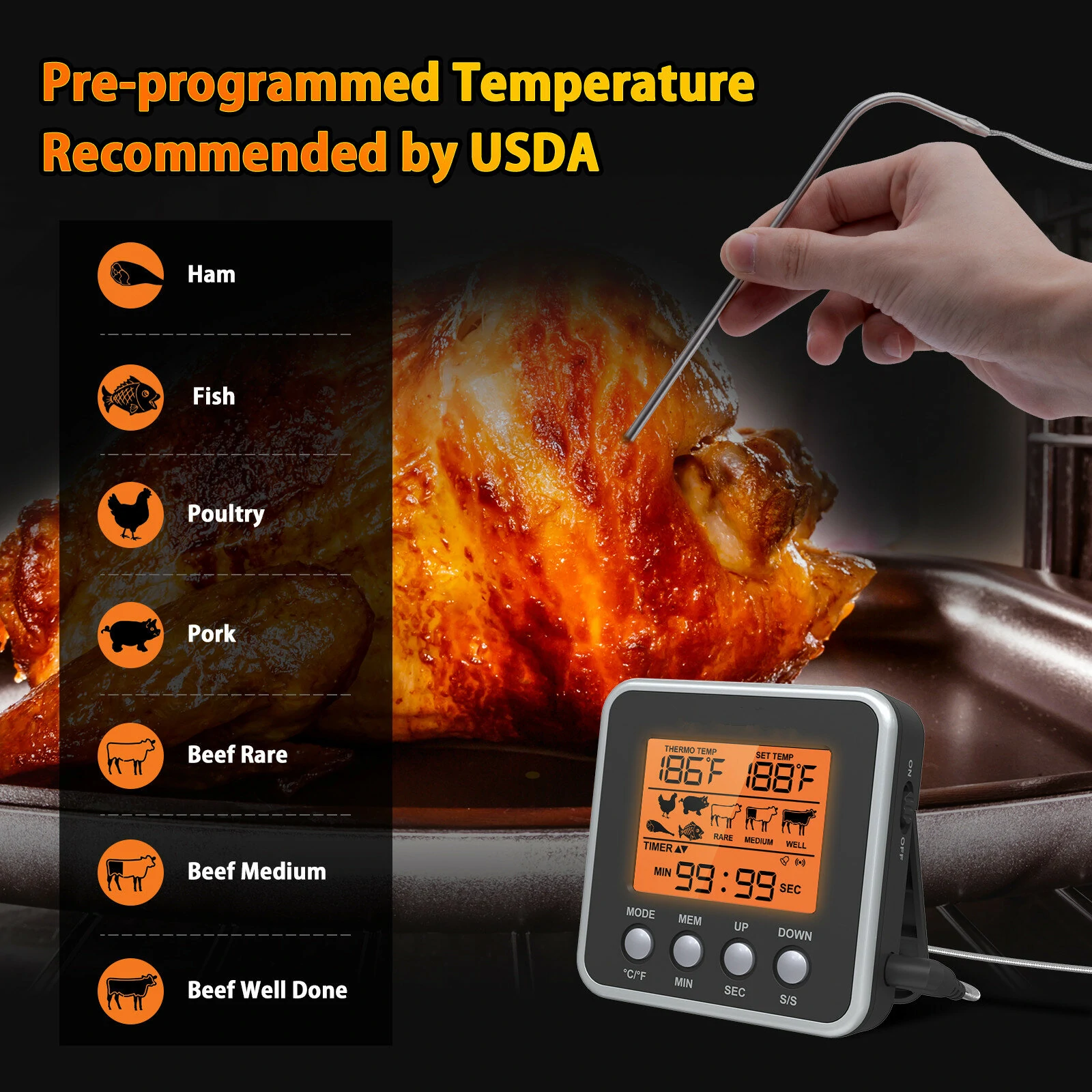 AGSIVO Digital Food Oven Meat Thermometer With Probe Timer Alert Backlight Outdoor Grill Cook Barbecue Kitchen Cooking BBQ Thermometer — view 5