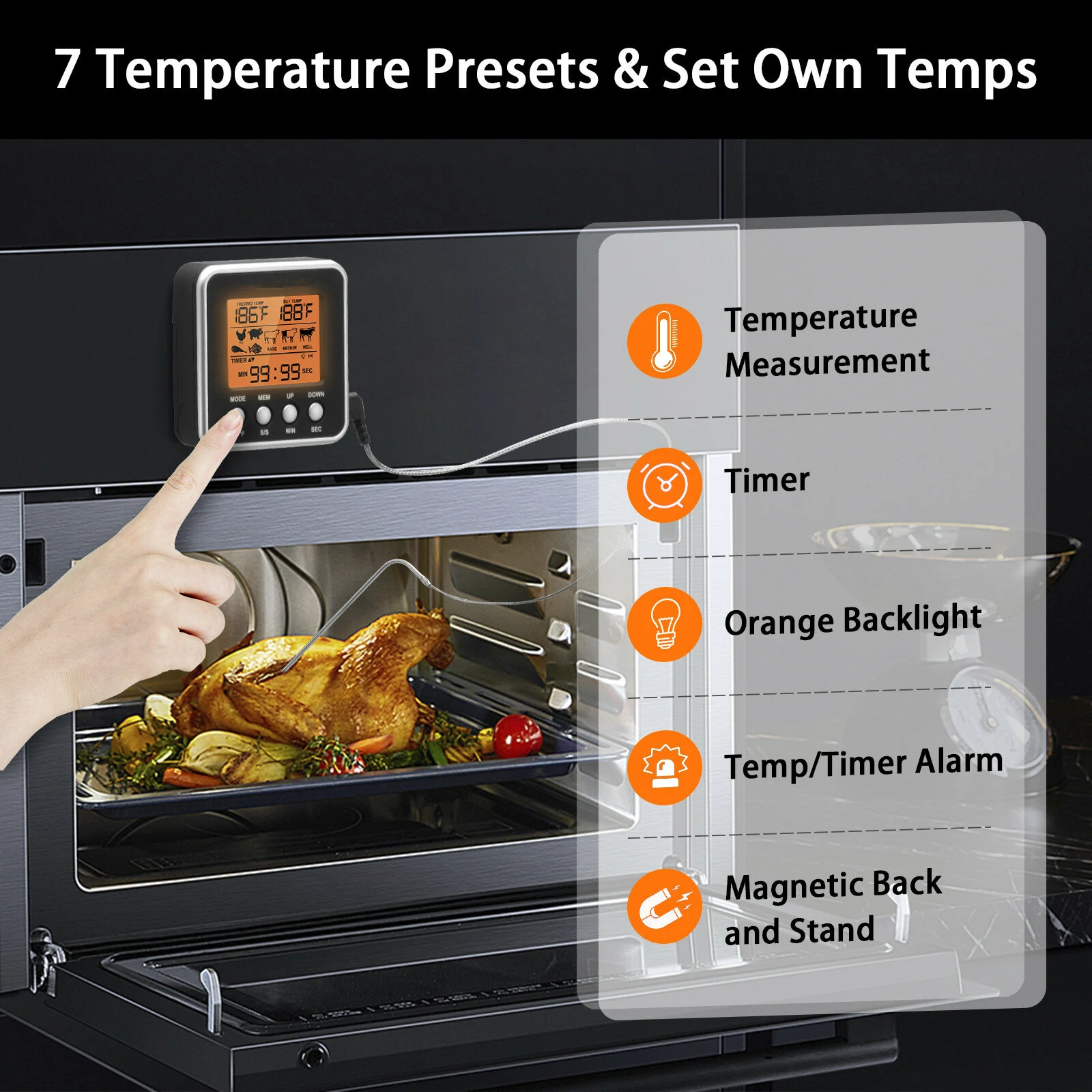 AGSIVO Digital Food Oven Meat Thermometer With Probe Timer Alert Backlight Outdoor Grill Cook Barbecue Kitchen Cooking BBQ Thermometer — view 6