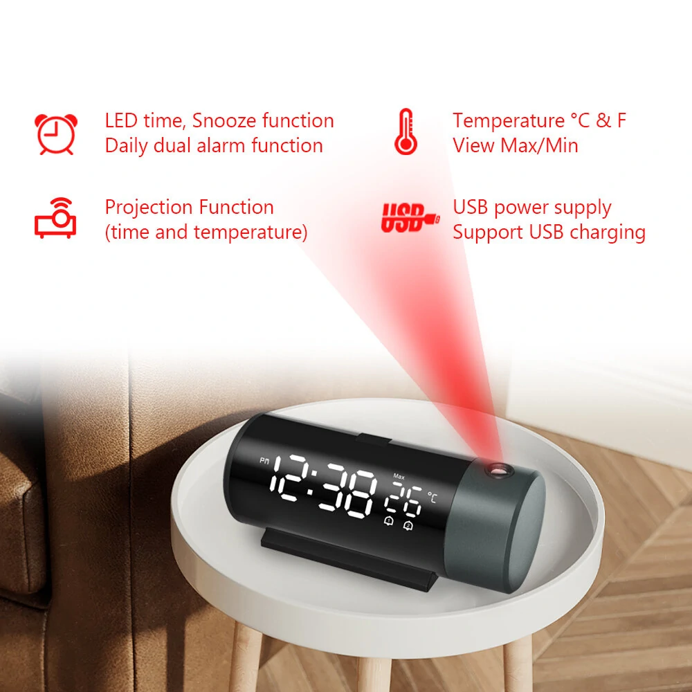 AGSIVO LED Digital Projection Alarm Clock with Projection on Ceiling Wall / Snooze / Temperature Display / External USB Power Supply For Bedroom — view 5