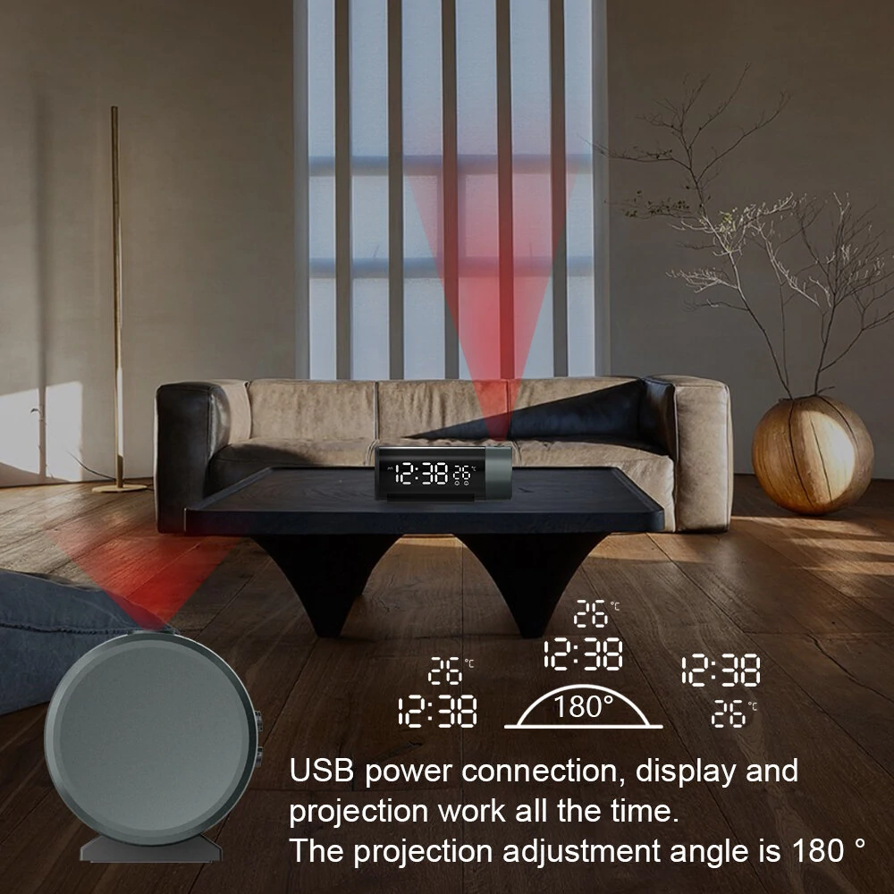 AGSIVO LED Digital Projection Alarm Clock with Projection on Ceiling Wall / Snooze / Temperature Display / External USB Power Supply For Bedroom — view 6