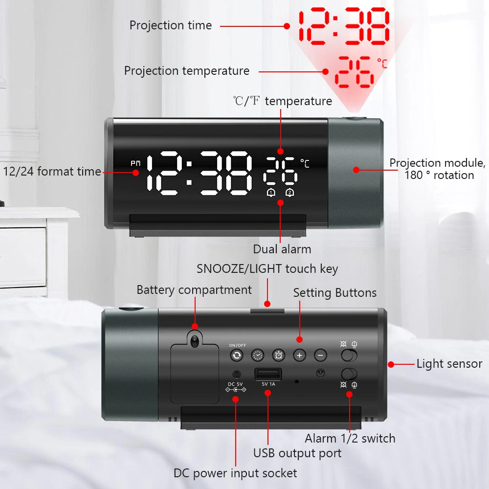 AGSIVO LED Digital Projection Alarm Clock with Projection on Ceiling Wall / Snooze / Temperature Display / External USB Power Supply For Bedroom — view 7