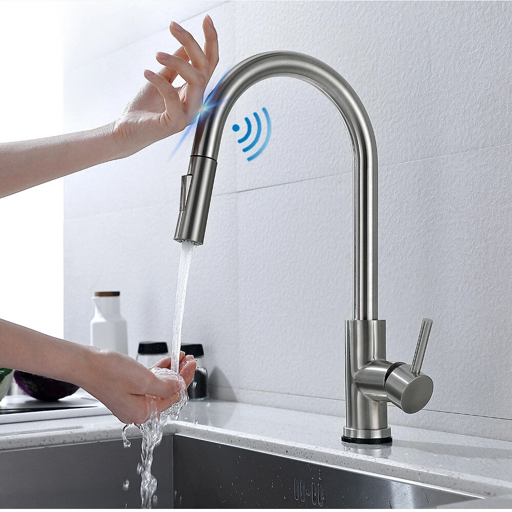 AGSIVO Smart Touch Kitchen Sink Faucet 360 ° Rotation with Pull Down Sprayer Motion Sensor Cold Hot Mixed Tap SUS 304 Stainless Steel Brushed Nickel — view 2