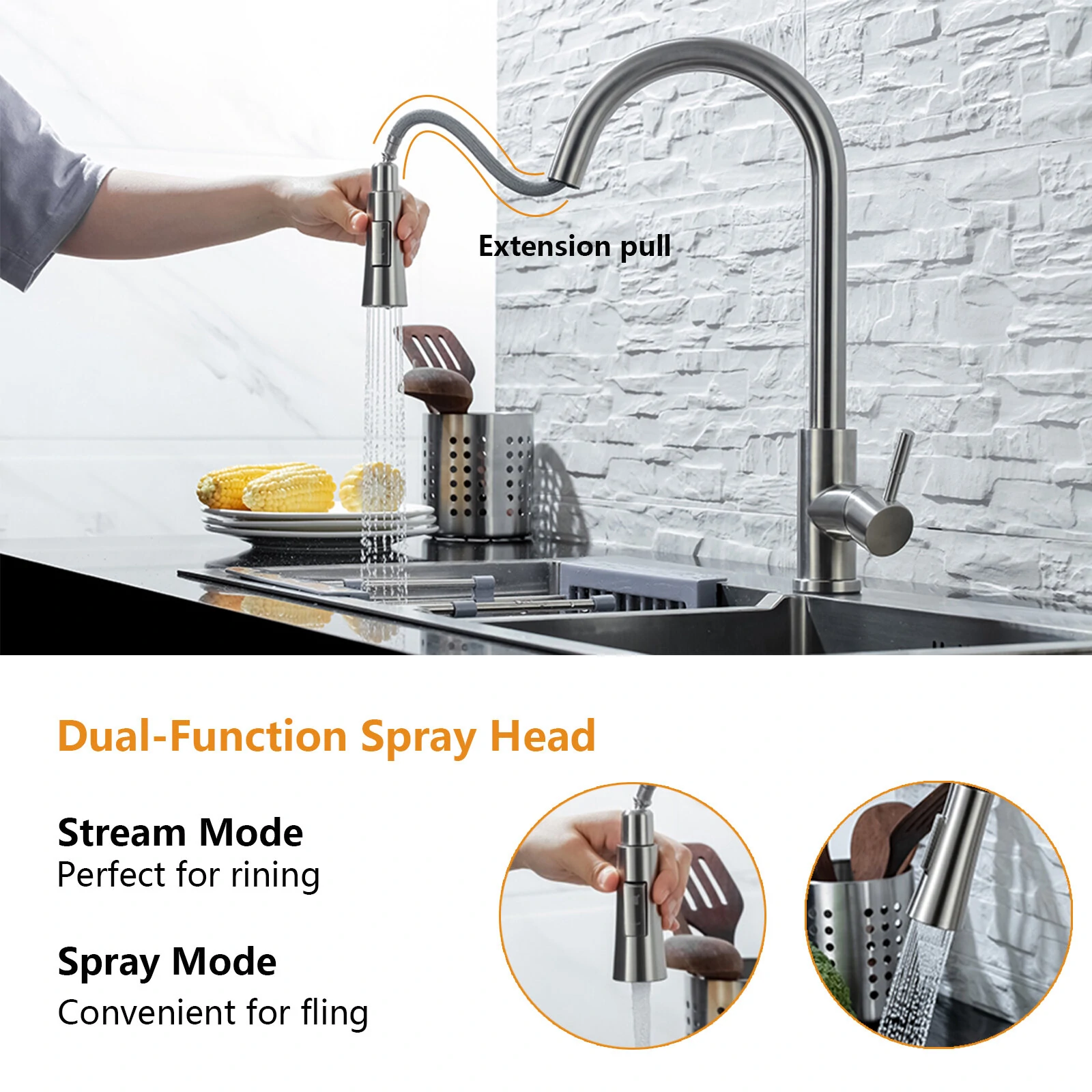 AGSIVO Smart Touch Kitchen Sink Faucet 360 ° Rotation with Pull Down Sprayer Motion Sensor Cold Hot Mixed Tap SUS 304 Stainless Steel Brushed Nickel — view 4