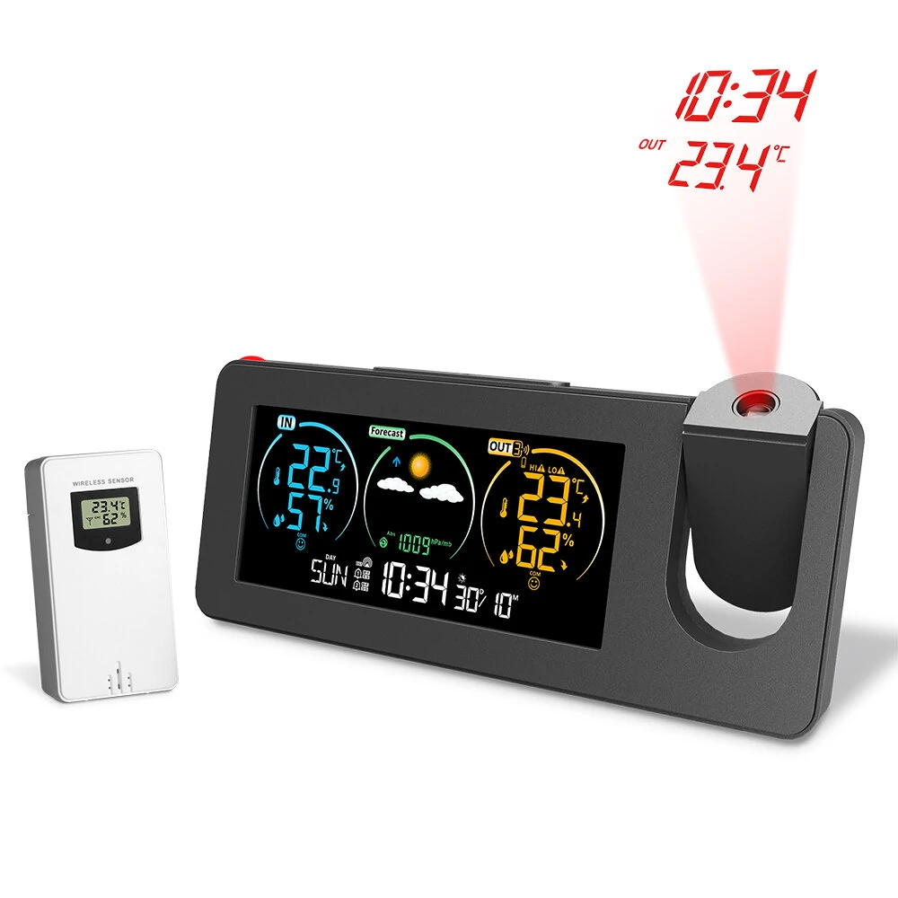AGSIVO Weather Station Projection Alarm Clock Wireless Indoor Outdoor Thermometer with Atomic Clock and Rotating Projector Forecast Station with Calendar — AGSIVO