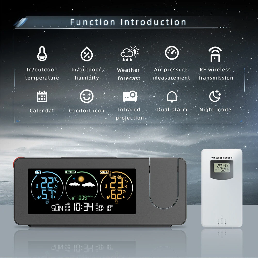 AGSIVO Weather Station Projection Alarm Clock Wireless Indoor Outdoor Thermometer with Atomic Clock and Rotating Projector Forecast Station with Calendar — view 4