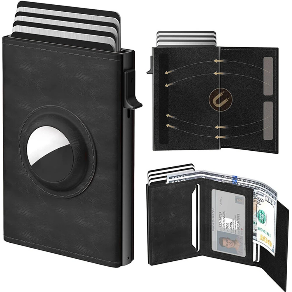 AirTag Microfiber Men's Automatic Popup Card Holder Tri-fold RFID Anti-theft Brush Purse Wallet Credit Card Clip — view 10