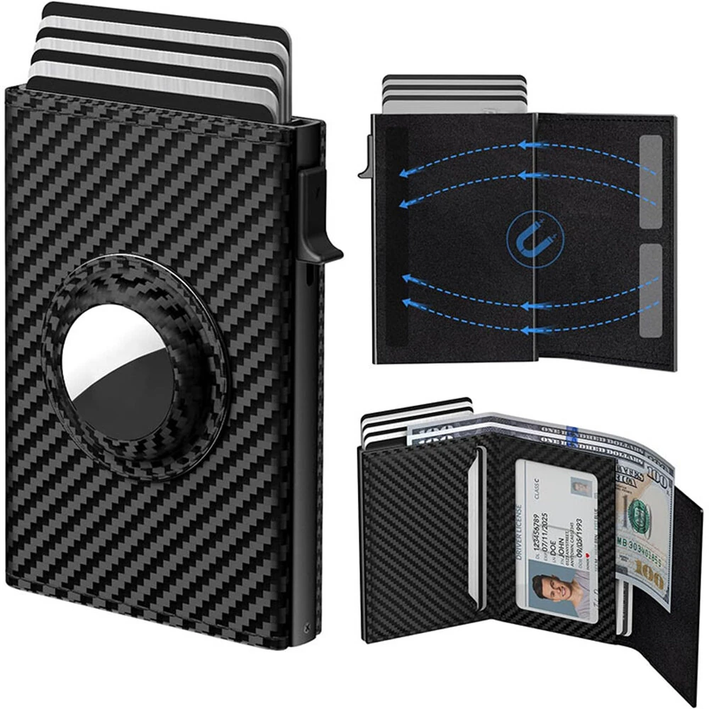 AirTag Microfiber Men's Automatic Popup Card Holder Tri-fold RFID Anti-theft Brush Purse Wallet Credit Card Clip — view 11