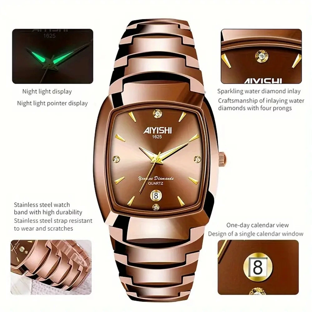 AIYISHI Luxury Men's Square Quartz Watch Steel Strap Casual Business Wristwatch Waterproof Luminous Date Design Comfortable Stylish — view 2