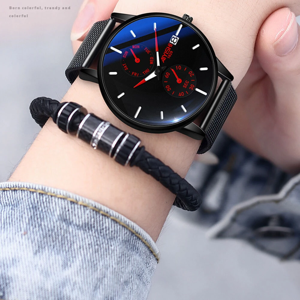 AIYISHI Men Simple Luxury Fashion Quartz Watch Luminous Waterproof Watch Stainless Steel Mesh Strap Sport Watch Fashion Wrist Watches — view 5