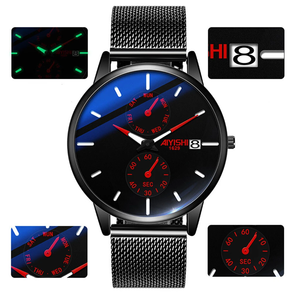 AIYISHI Men Simple Luxury Fashion Quartz Watch Luminous Waterproof Watch Stainless Steel Mesh Strap Sport Watch Fashion Wrist Watches — view 6