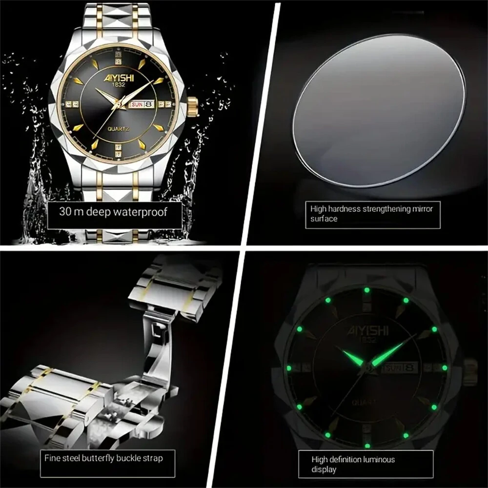 AIYISHI Men Watches Luxury Brand Luminous Waterproof Business Watch Stainless Steel Strap Quartz Watch — view 5