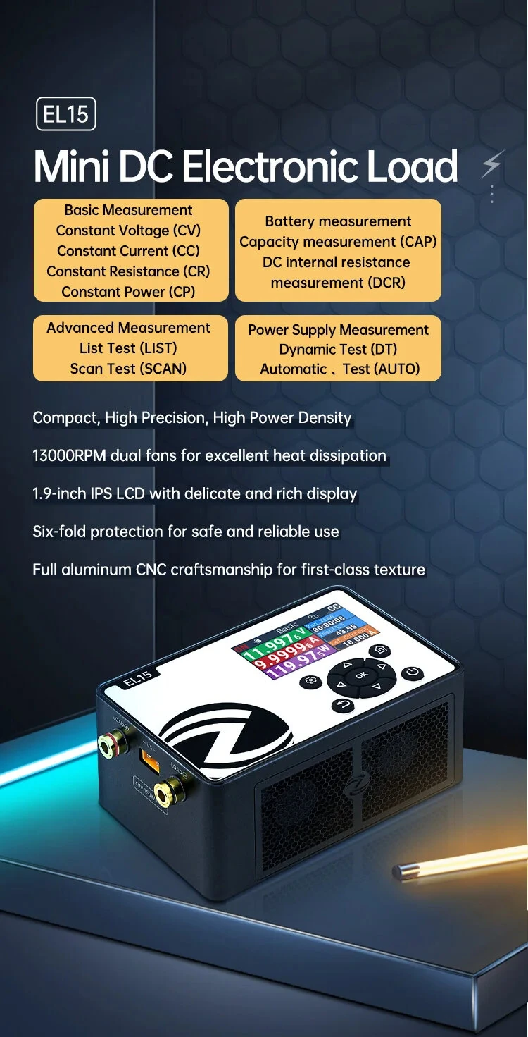ALIENTEK EL15 Programmable Electronic Load Meter 150W Testing Tool High Precision Battery Capacity Measurement Voltage Range 0.1V to 60V Current Range 0A to 12A Compact Design IPS LCD Display — view 3