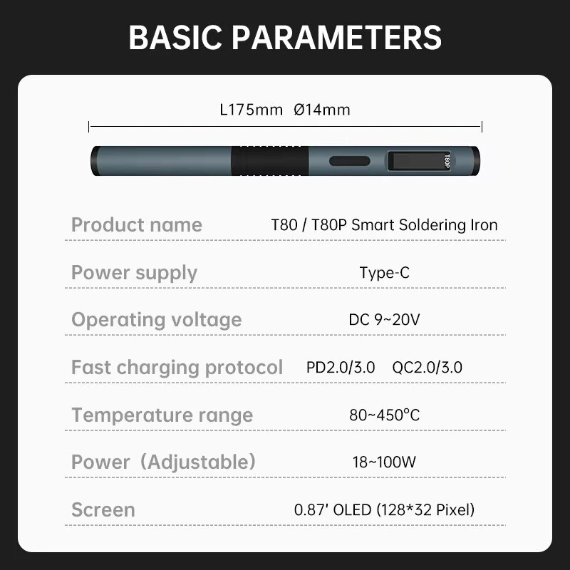 ALIENTEK T80 T80P Smart Soldering Iron Type-C Power Supply 18-100W Adjustable Fast Heat OLED Display Temperature Control 80-450°C Portable Electric Soldering Tool — view 6