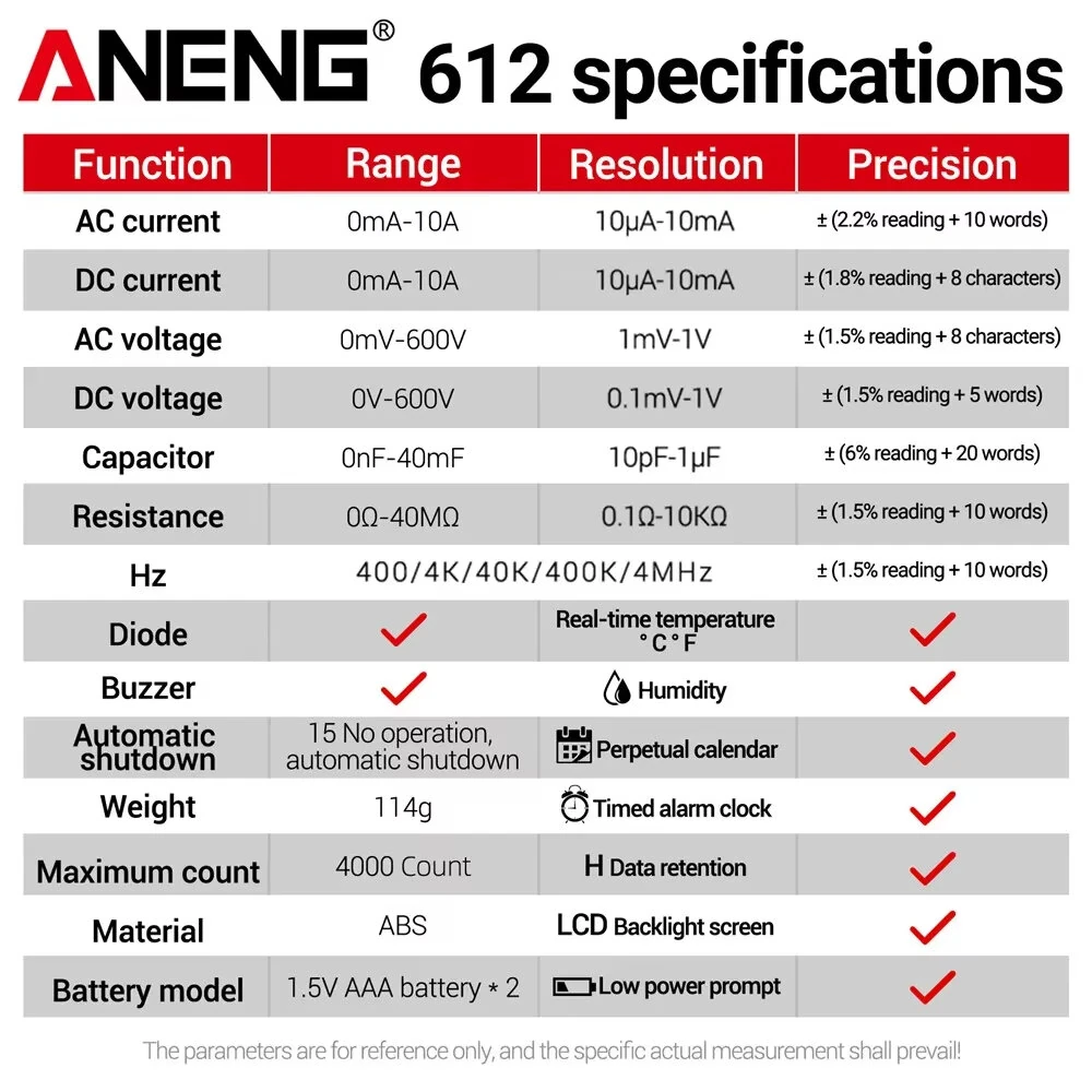 ANENG 612 Digital Multimeter High Precision AC/DC Voltage Current Resistance Capacitance Large LCD Backlight Automatic Power-Saving Portable Design — view 7