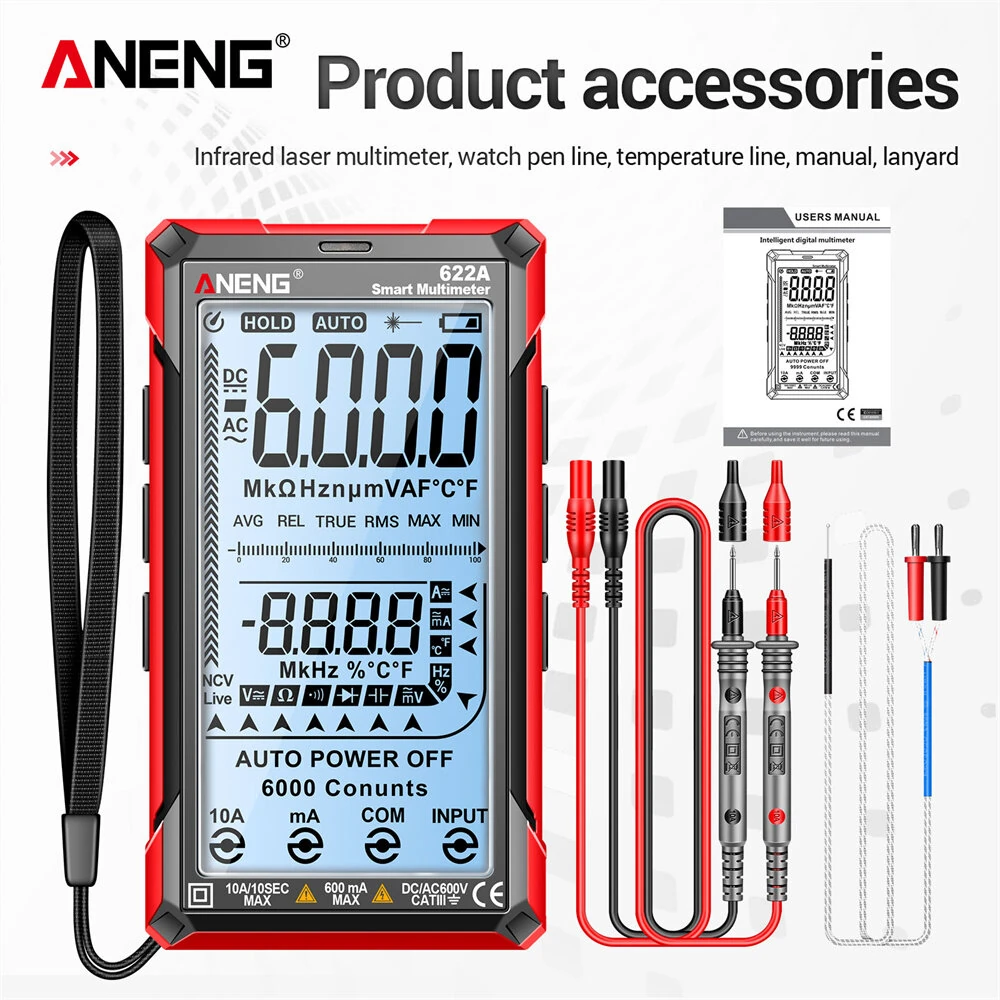 ANENG 622A Digital Smart Multimeter 10A Tester Meter Auto Range True RMS DC/AC 6000 Multitester With Laser Lamp Capacitance Ohm — view 3