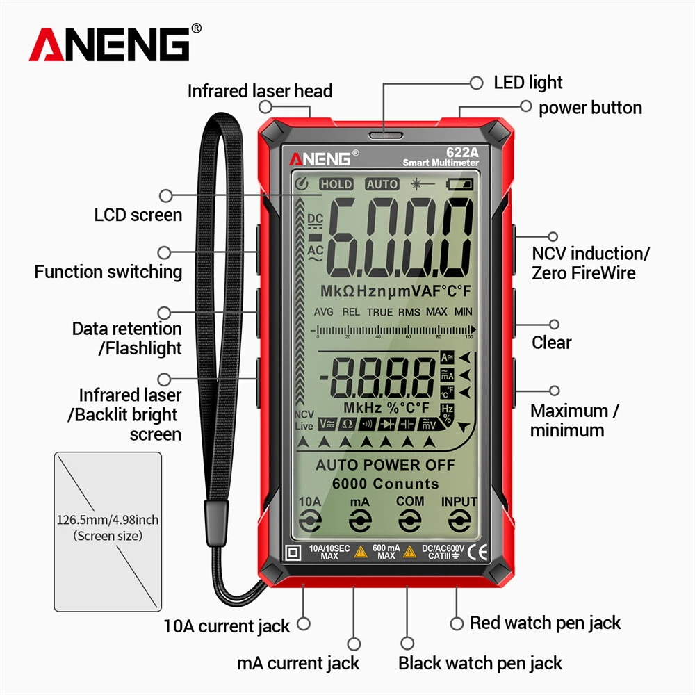 ANENG 622A Digital Smart Multimeter 10A Tester Meter Auto Range True RMS DC/AC 6000 Multitester With Laser Lamp Capacitance Ohm — view 9